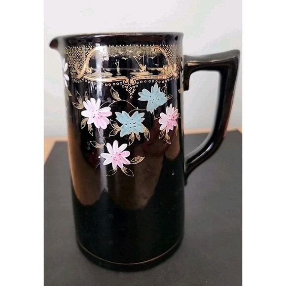 Vintage Chatsworth England Medium Pitcher, Black w Raised Flowers/Gold Design - Picture 1 of 8